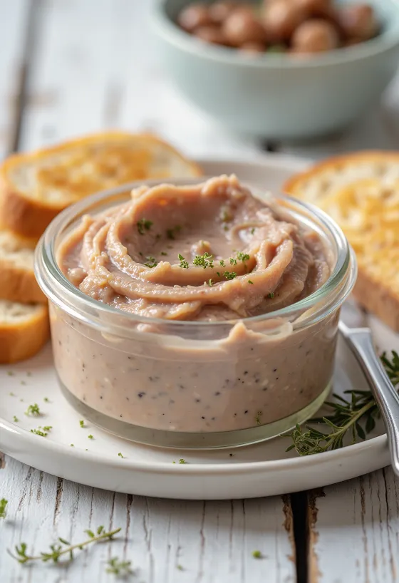 Paté di fegato cremoso spalmato su fette di pane fresco decorato con erbe aromatiche