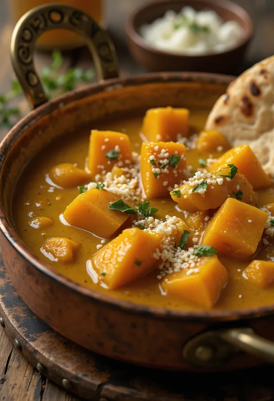 Curry cremoso di zucca servito con coriandolo fresco