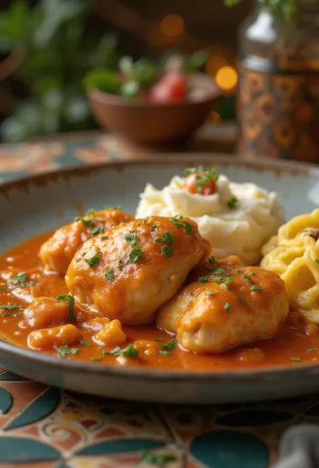 Pollo alla paprika con panna acida con pezzi di pollo succosi, servito in salsa morbida di panna e paprika rossa