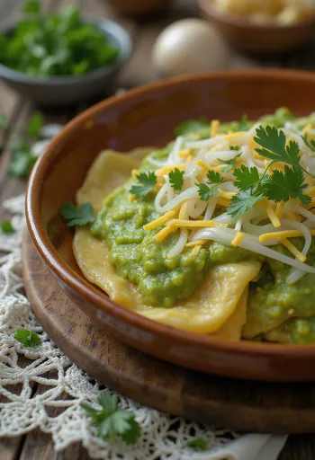 Chilaquiles verdes ricoperti di salsa verde, serviti con panna acida e formaggio