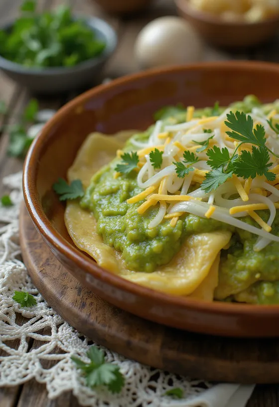 Chilaquiles verdes ricoperti di salsa verde, serviti con panna acida e formaggio
