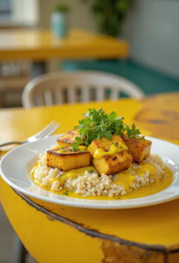 Curry di quinoa e tofu grigliato con tahina servito