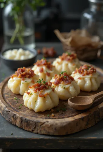 Sztrapacska al formaggio di pecora servita con panna acida e pancetta rosolata.