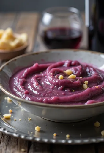 Salsa vellutata al vino rosso e cocco in una salsiera