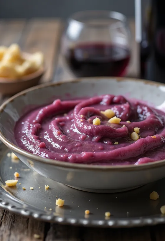 Salsa vellutata al vino rosso e cocco in una salsiera