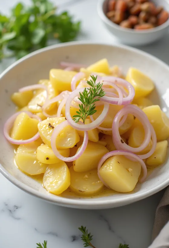 Insalata di patate fresca con patate lesse, cipolla rossa e prezzemolo fresco.