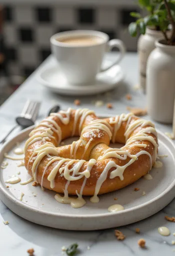 Pretzel al cioccolato bianco servito immerso in ricco cioccolato, croccante fuori e morbido dentro.