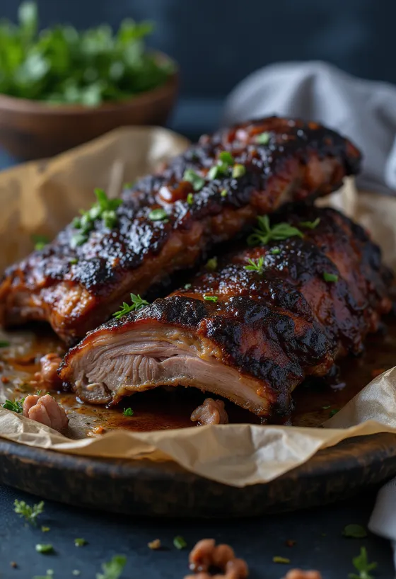 Costine di bufalo affumicate servite su un vassoio rustico con salsa barbecue.