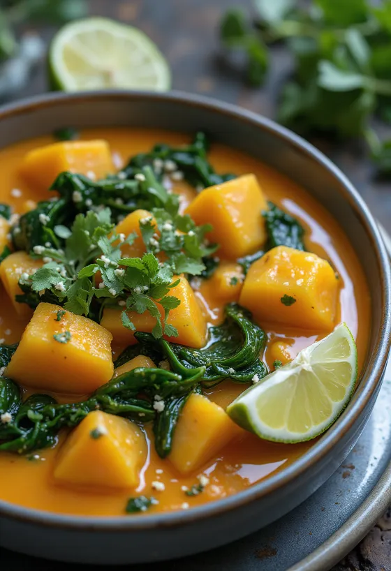 Curry di zucca e spinaci servito