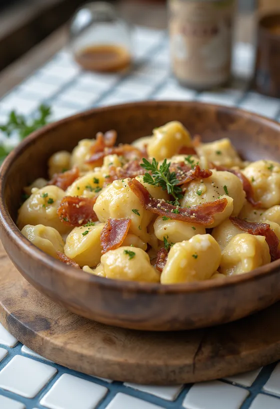 Sztrapacska con formaggio di pecora e cubetti di pancetta croccante