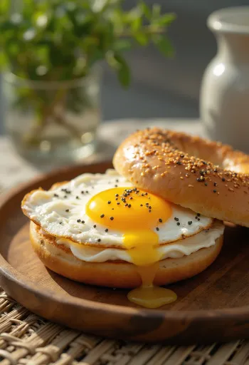 Bagel con uovo fritto, formaggio spalmabile e prezzemolo fresco