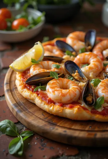Pizza Frutti di Mare extra gamberi servita