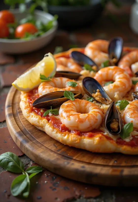 Pizza Frutti di Mare extra gamberi servita