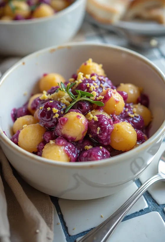 Gnocchi al ribes nero e mascarpone serviti