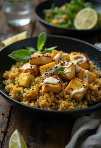 Wok di quinoa e tofu grigliato con tahina al curry servito