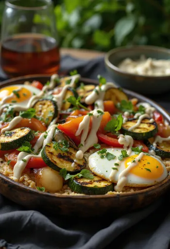 Verdure grigliate con salsa tahina, decorate con prezzemolo