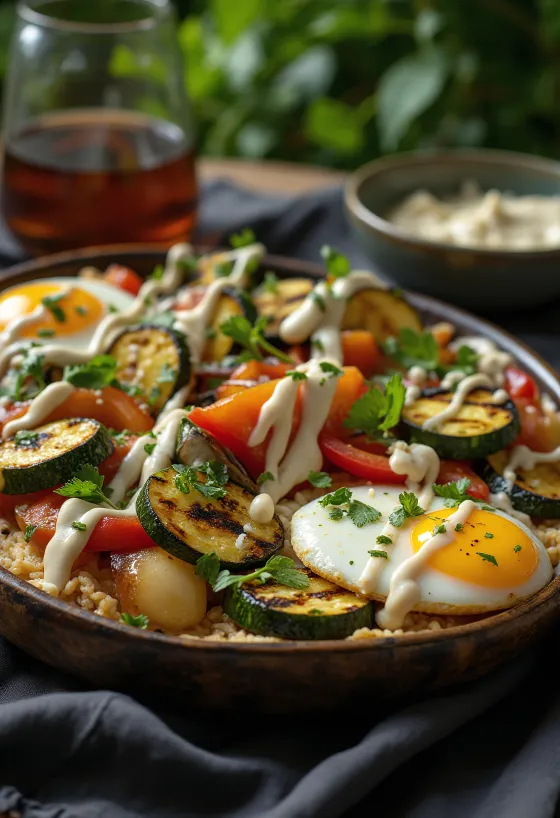 Verdure grigliate con salsa tahina, decorate con prezzemolo