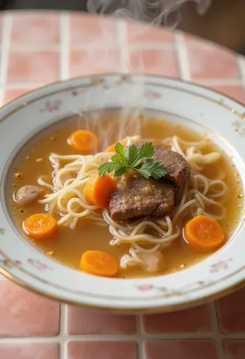 Brodo di carne servito con verdure fresche e pasta