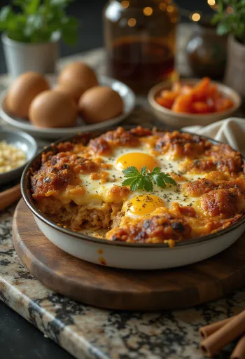 Moussaka speziata, strati di carne e formaggio