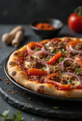 Pizza con carne speziata e peperoni