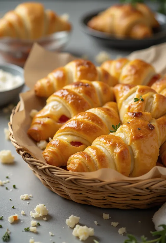 Cornetti alla pizza appena sfornati con formaggio fuso e ripieno al pomodoro, serviti su vassoio.