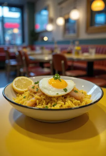 Kedgeree di eglefino affumicato servito in una ciotola con uova e prezzemolo.