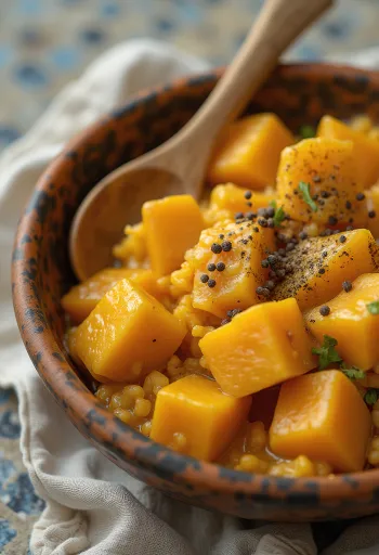 Curry di zucca e patate dolci servito