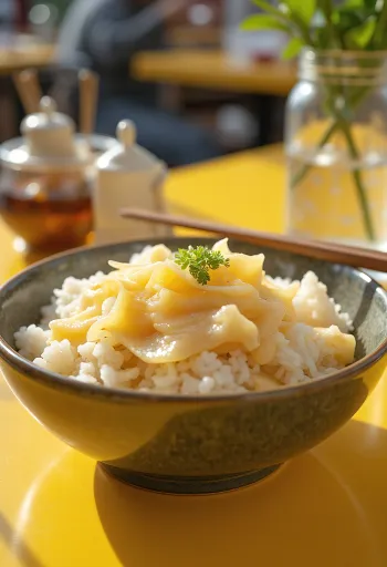 Yuba takikomigohan servito con salsa di soia e verdure