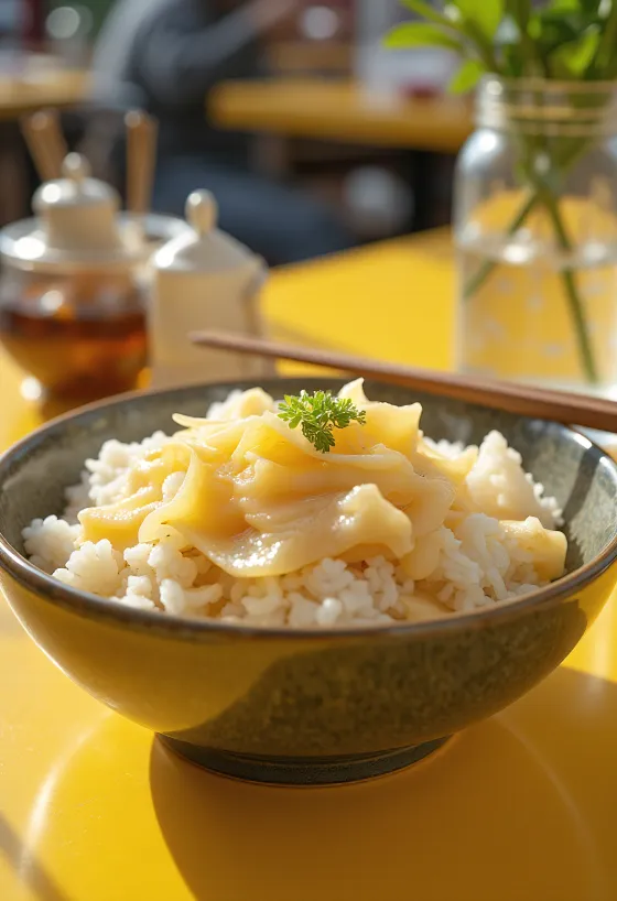 Yuba takikomigohan servito con salsa di soia e verdure