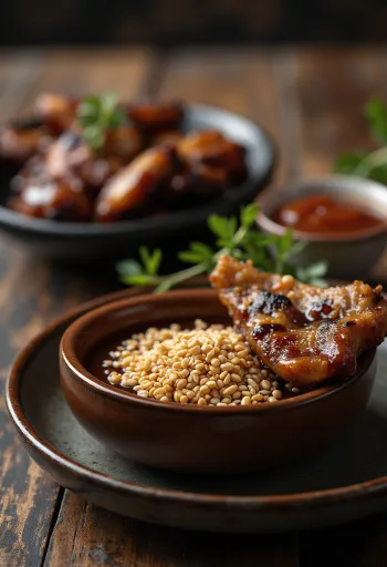 Salsa di soia BBQ al miele e sesamo servita