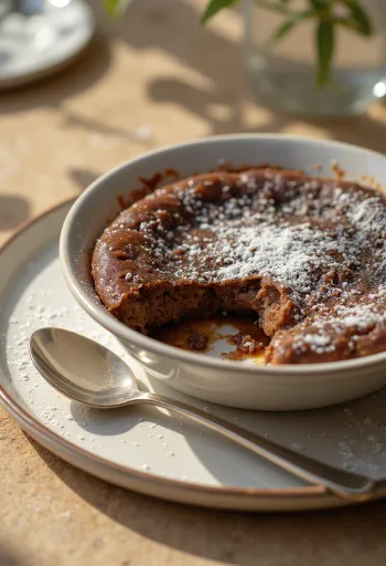 Clafoutis al cioccolato fresco e dorato, servito