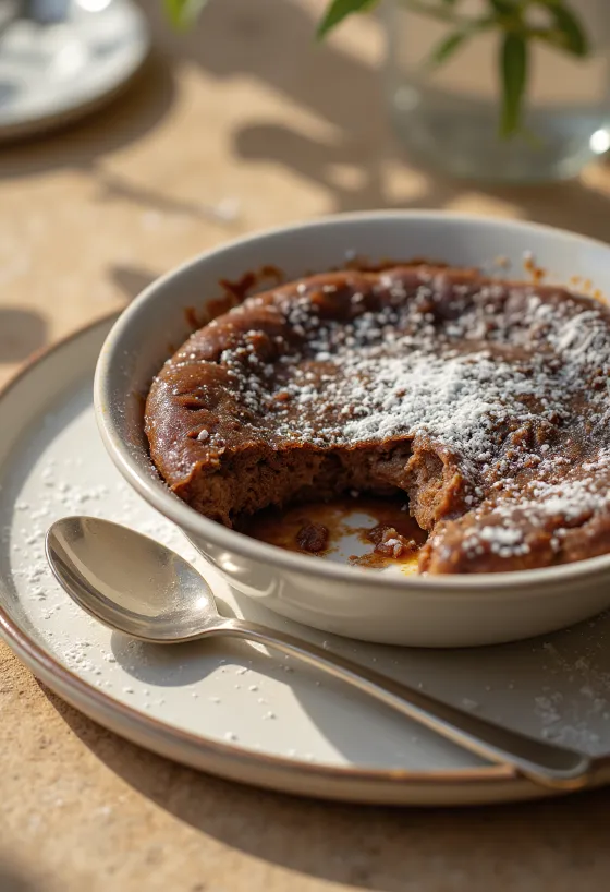 Clafoutis al cioccolato fresco e dorato, servito