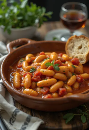 Gigantes plaki con salsa di pomodoro, servito con prezzemolo e pane fresco