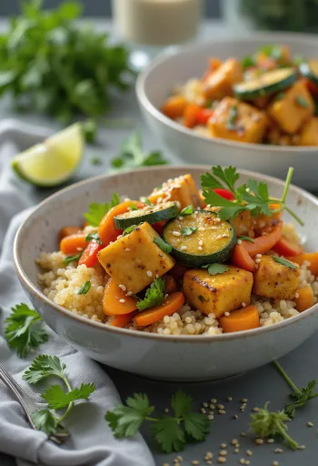Wok di tofu grigliato su base di quinoa al curry