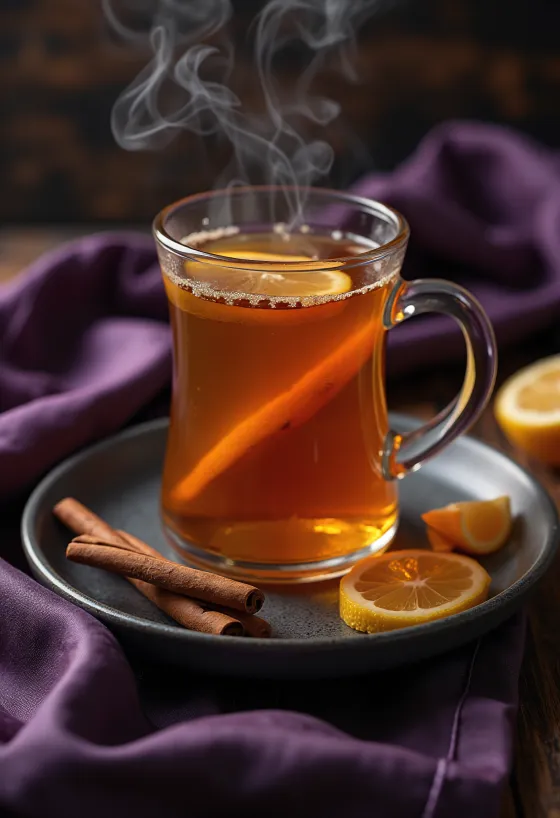 Bevanda Hot Toddy decorata con stecca di cannella e fetta di limone