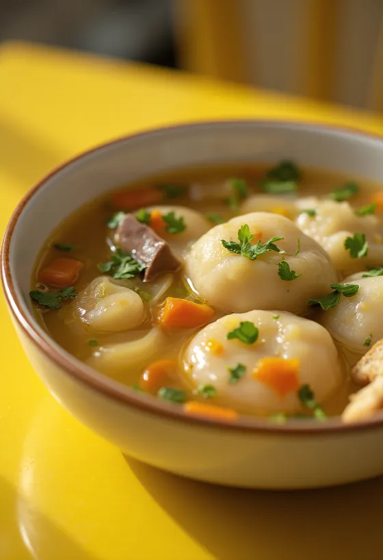 Zuppa tradizionale con gnocchi di fegato, servita con verdure e prezzemolo.