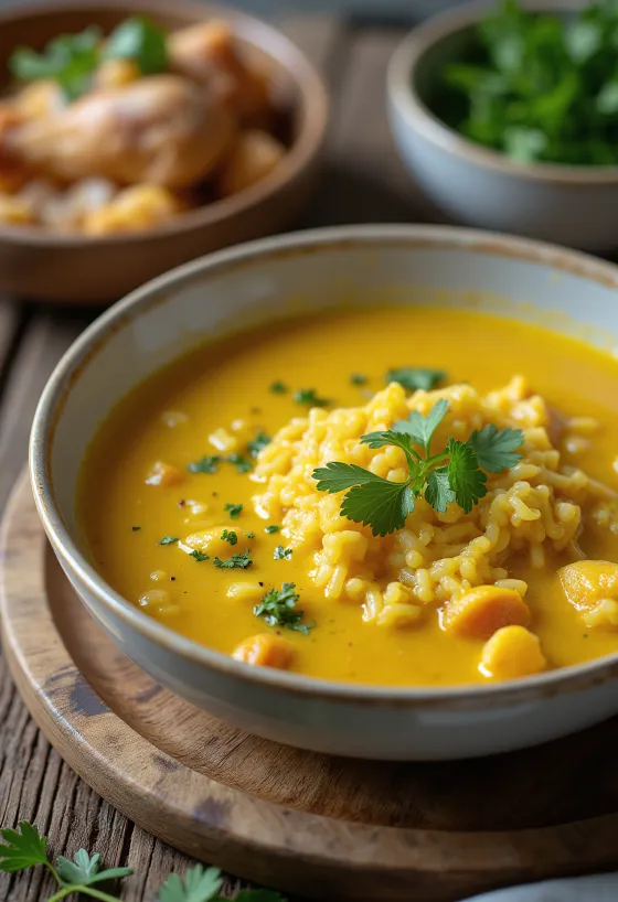 Zuppa Mulligatawny con pollo servita