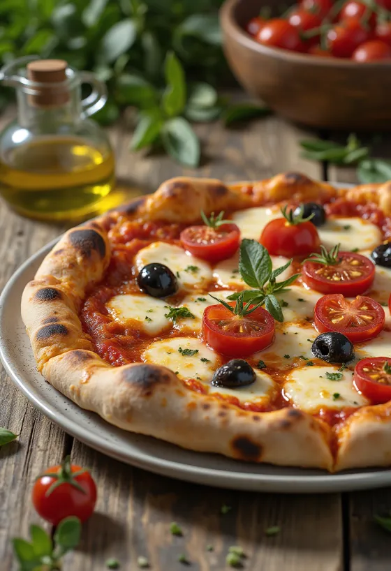 Pizza in teglia con pomodori freschi e olive nere
