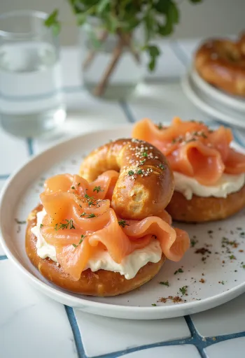 Pretzel servito con salmone affumicato, ricco salmone affumicato sopra, croccante fuori e morbido dentro.