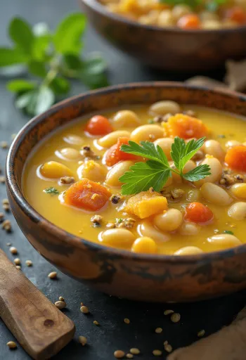 Rasam ai fagioli mungo, ricca zuppa indiana speziata servita con pasta di tamarindo e coriandolo fresco