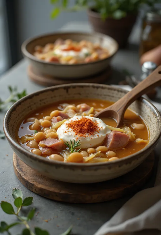 Zuppa di fagioli con crauti servita con carne affumicata ed erbe fresche