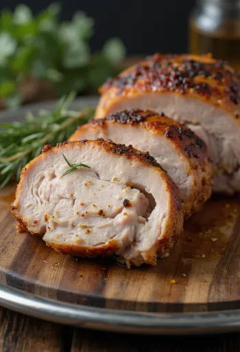 Petto di tacchino selvatico affumicato servito con verdure grigliate.