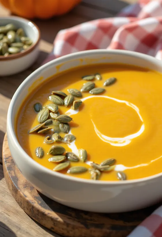 Vellutata di zucca con semi tostati servita