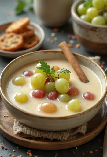 Zuppa di uva rinfrescante decorata con chicchi d'uva fresca e menta