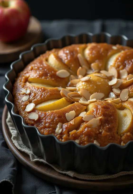 Torta di mele e mandorle con mele a fette e strato di farina di mandorle