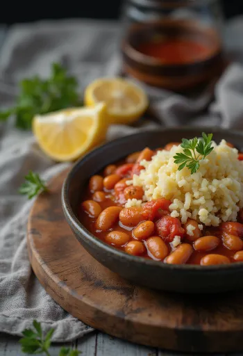 Gigantes plaki con prezzemolo, servito con prezzemolo e pane fresco