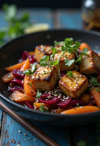 Wok di tofu grigliato con barbabietola
