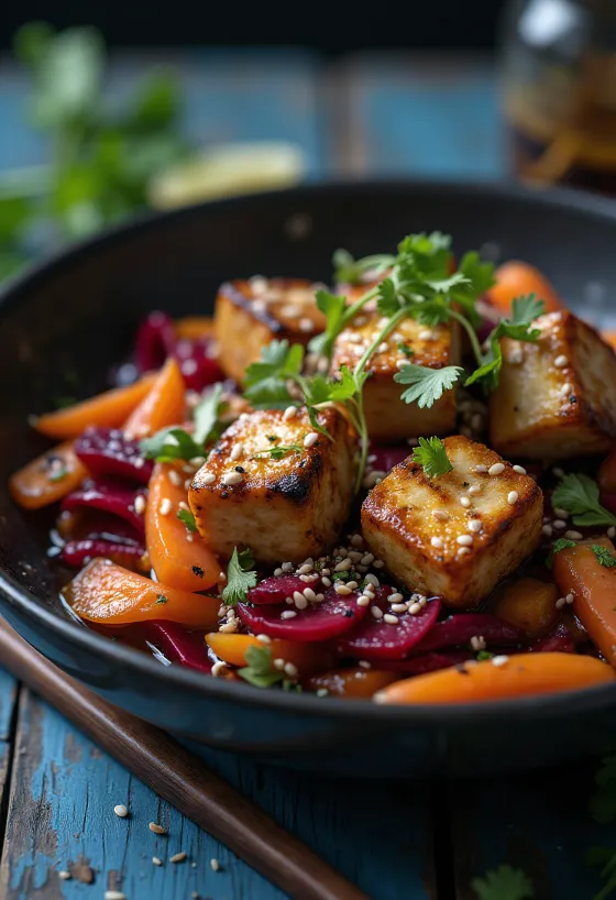 Wok di tofu grigliato con barbabietola