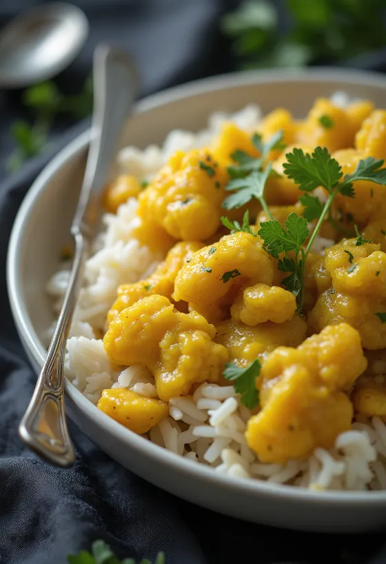 Riso di cavolfiore con verdure al curry, servito fresco.