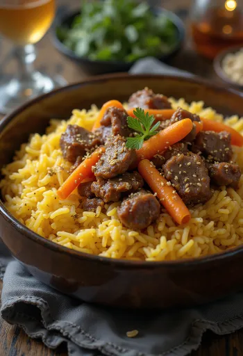 Plov con carne di agnello, piatto di riso servito con coriandolo fresco